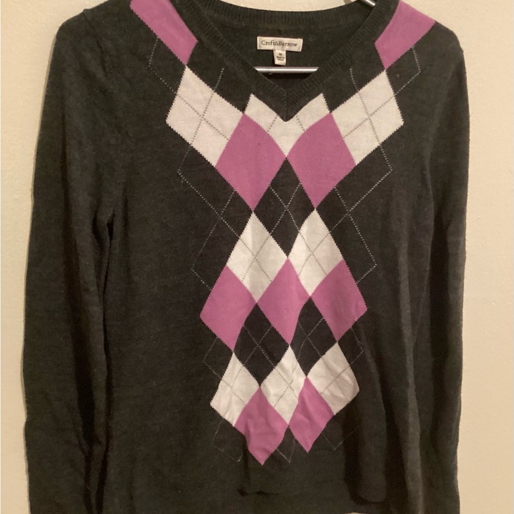 Croft & Barrow Women's Dark Grey and Pink Argyle Sweater